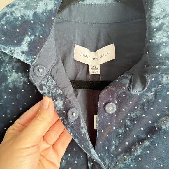Something Navy Studded Velvet Shirt Jacket Dark Teal Small Silver Studs NWT XS - Picture 6 of 14